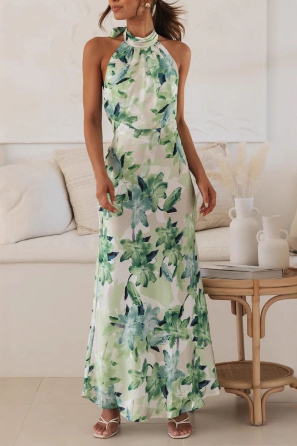 Floral Print Halter Neck Maxi Dress with Slit