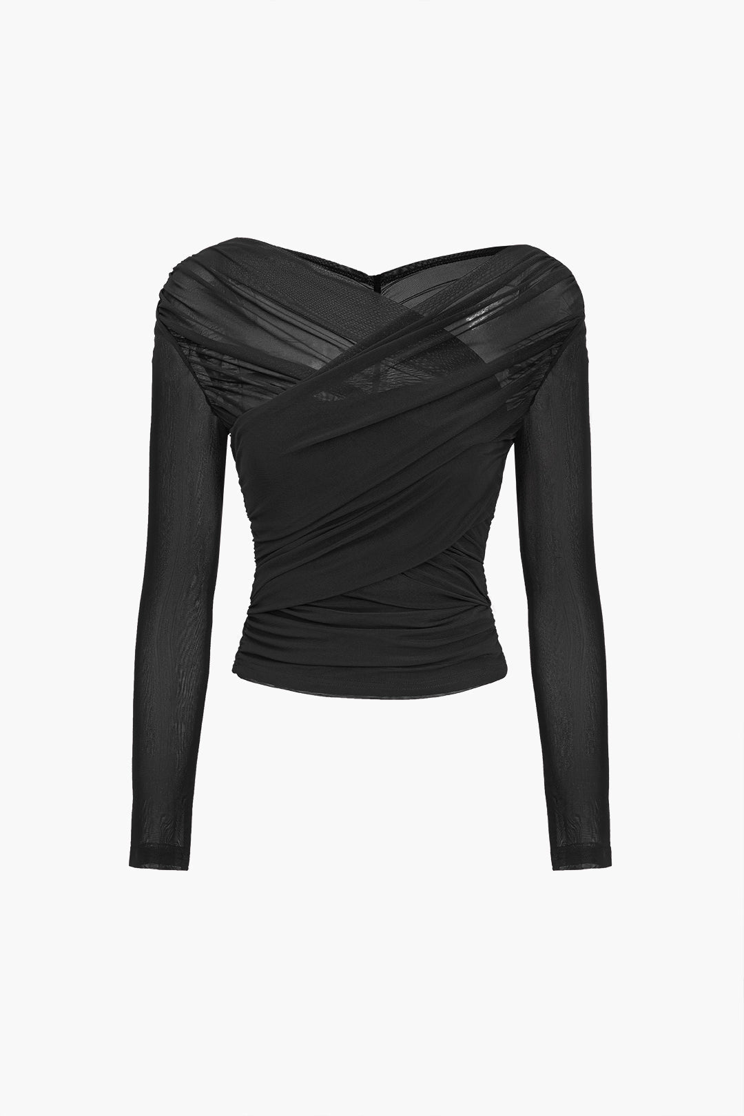 Mesh Top Schwarz Langarm gerafft