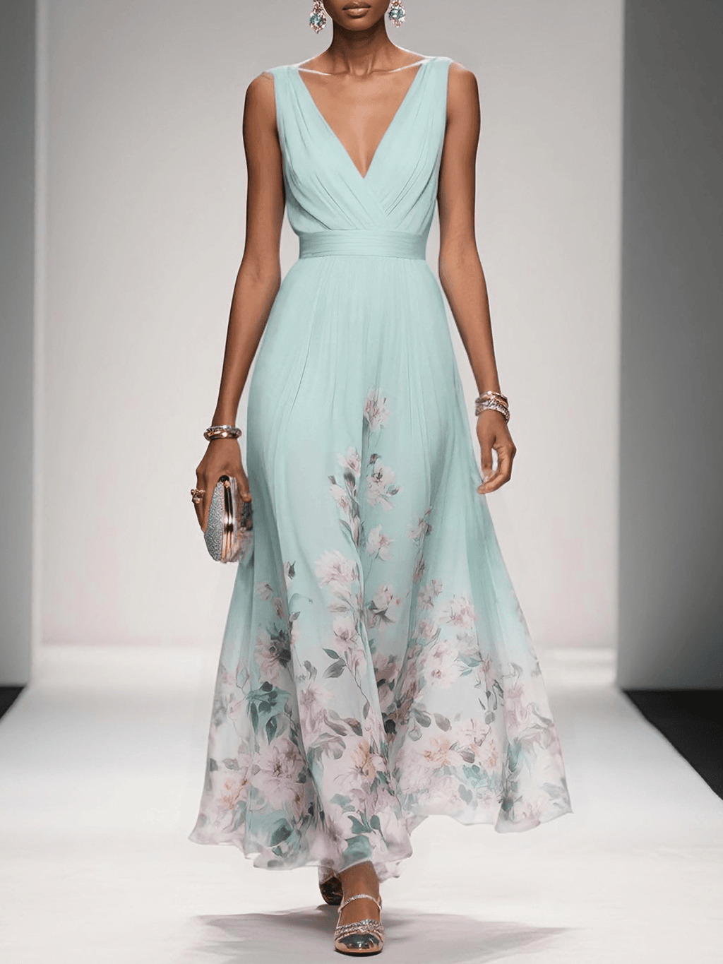 Carolin | Damen Florales Chiffon Sommer Maxikleid
