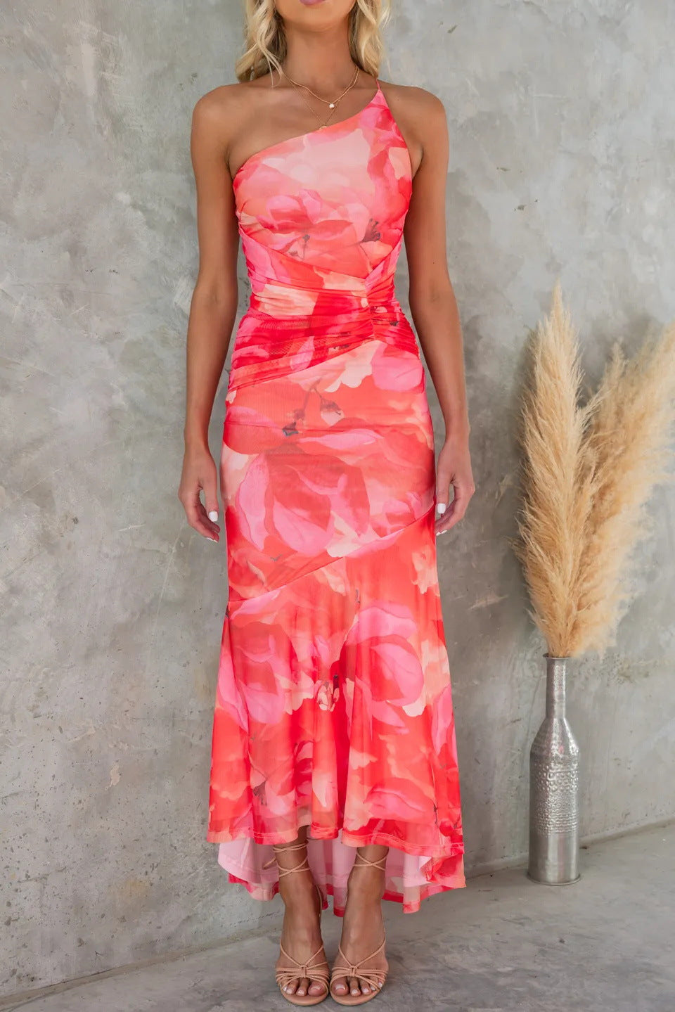 One-Shoulder Pleated Party Maxi Dress
