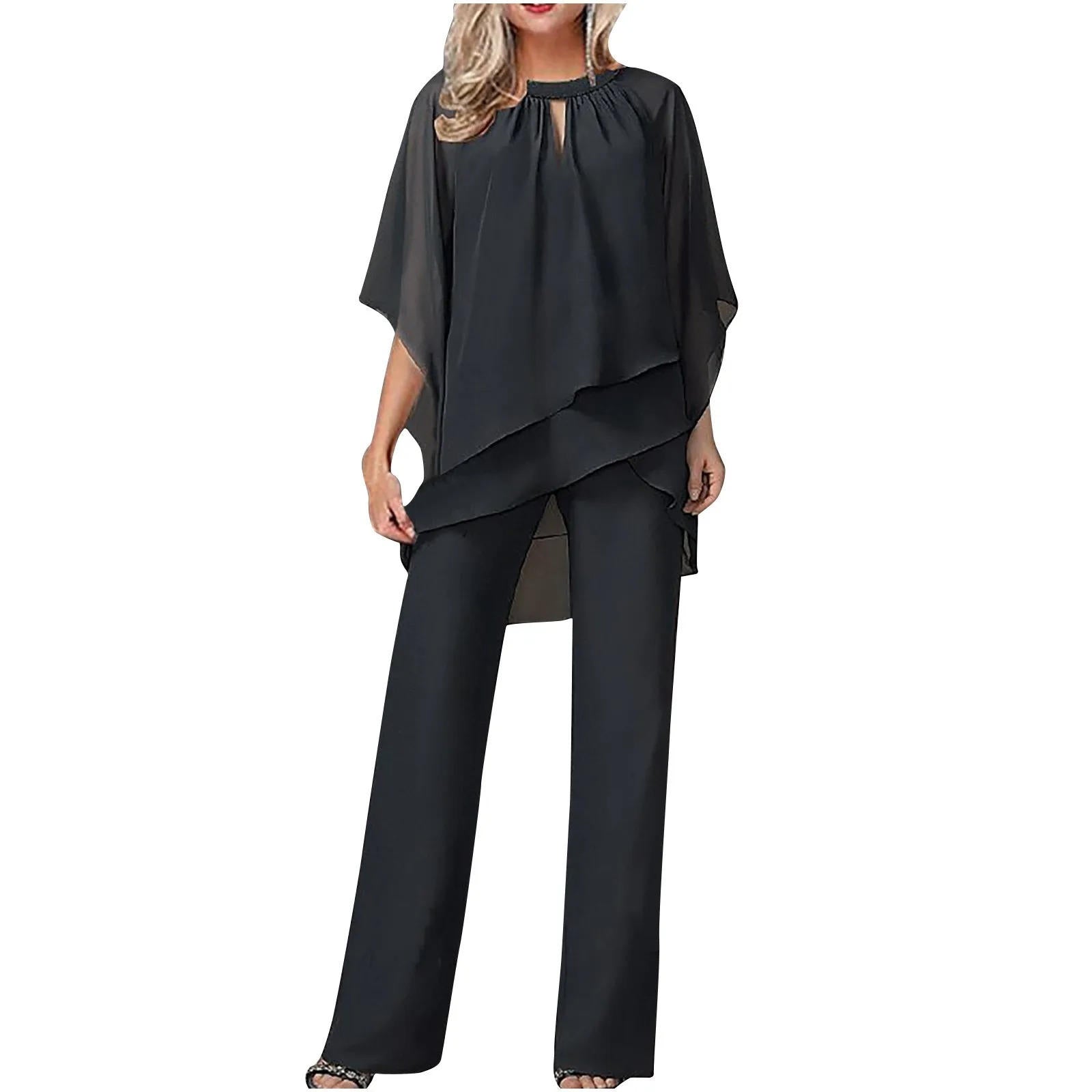 Chiffon Batwing Wide-Leg Trouser Suit