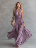 Ruched Halter Neck Flowing Maxi Dress