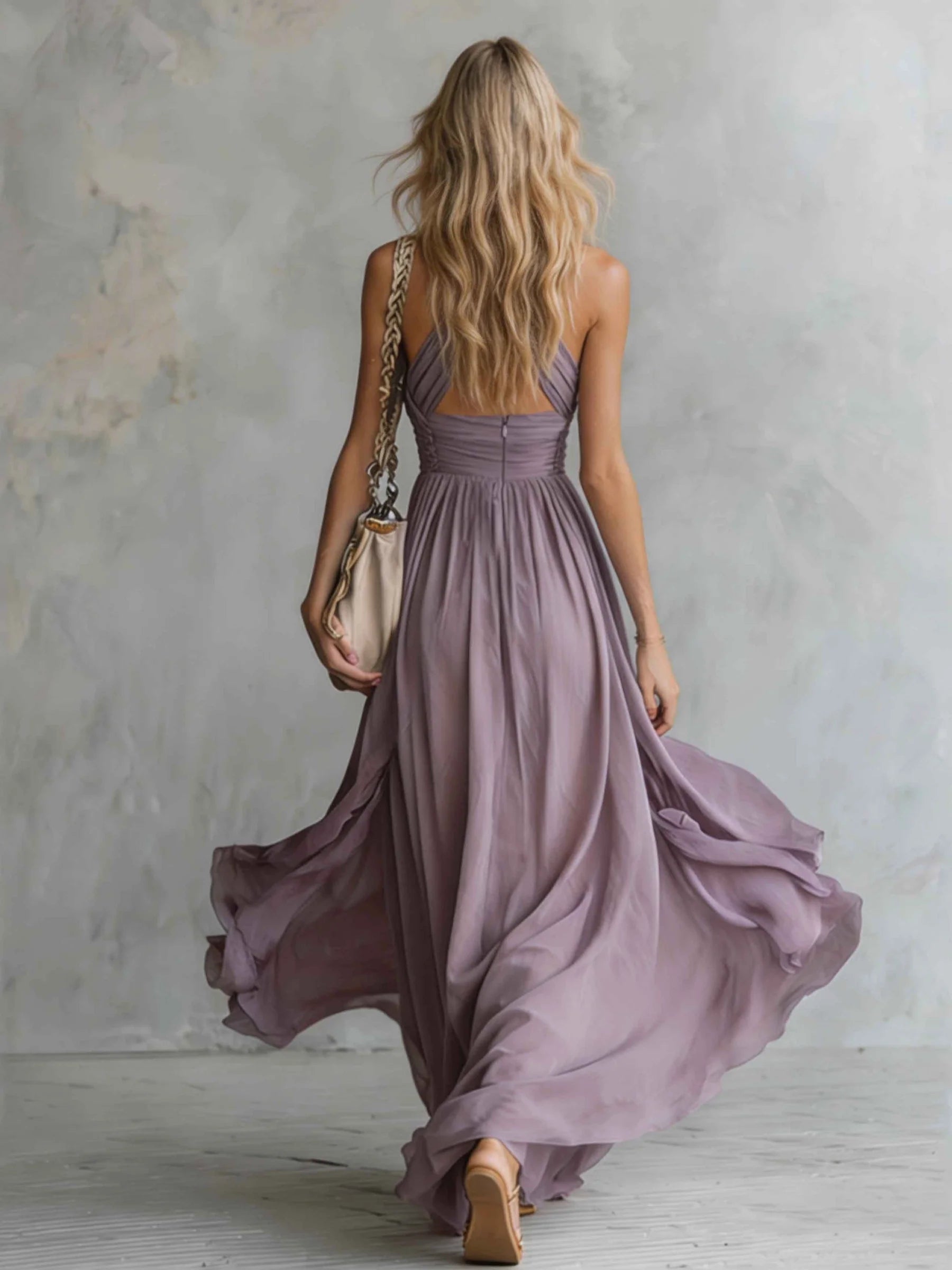 Ruched Halter Neck Flowing Maxi Dress