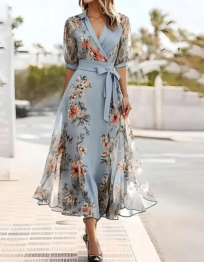 Lapel Collar Printed Wedding Guest Midi Dress