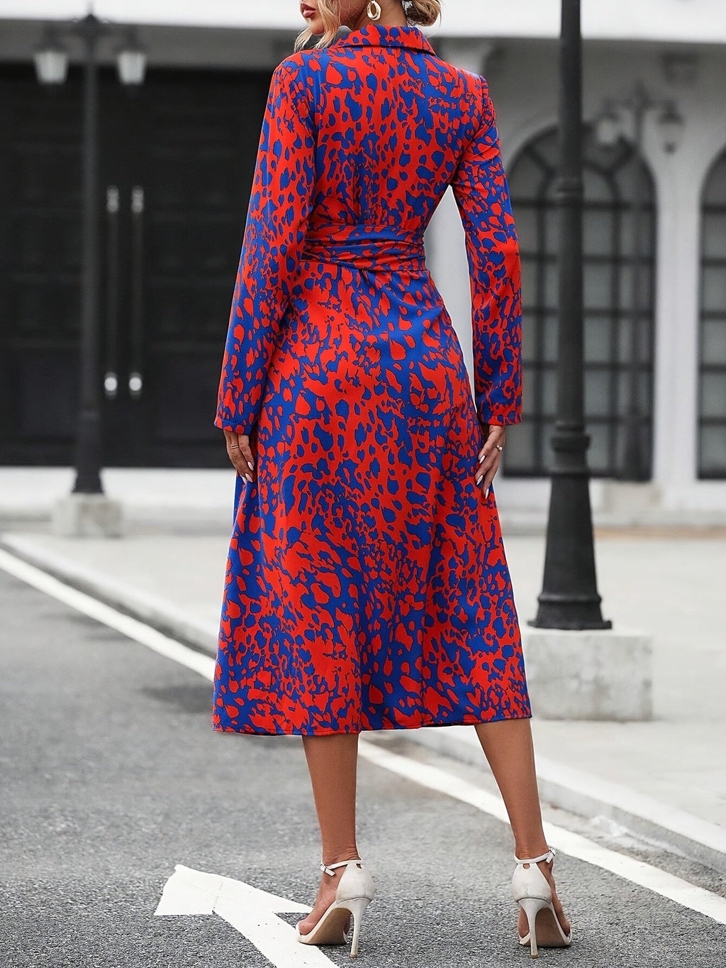 Geometric Print Belted Shirt Dress