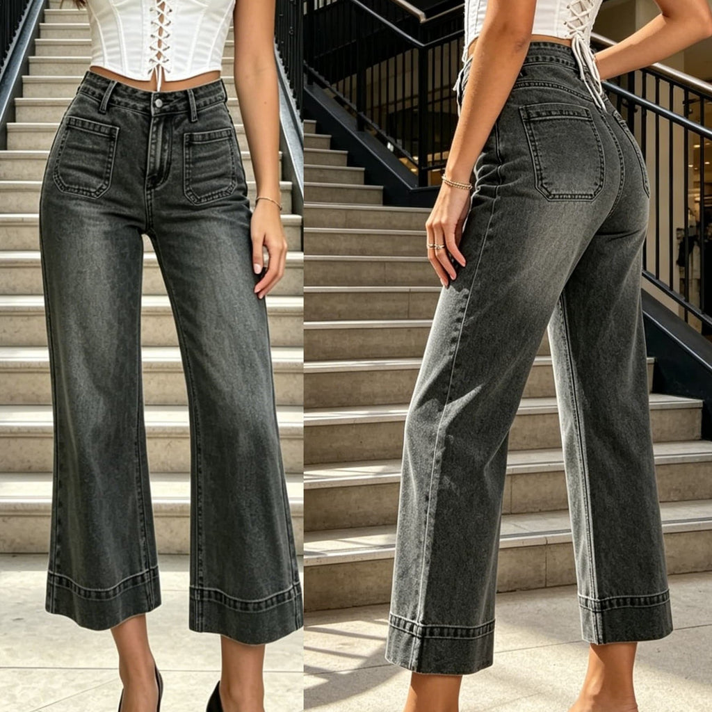 Cropped Wide-Leg Jeans mit hoher Taille und aufgesetzten Taschen