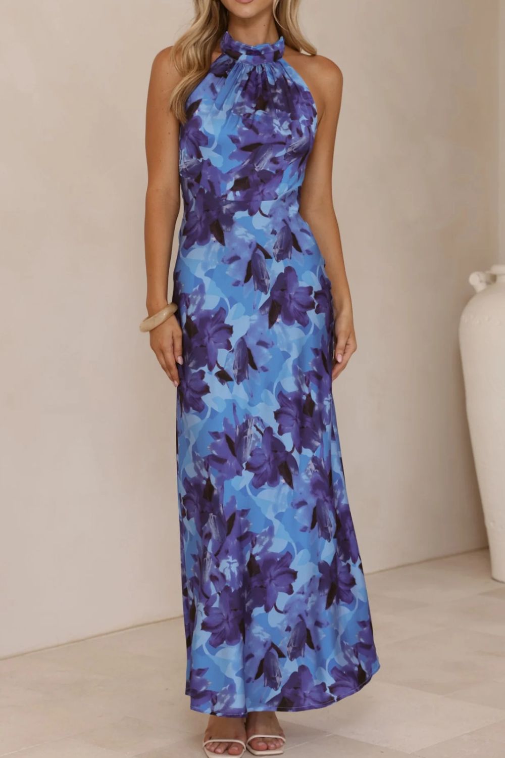 Floral Print Halter Neck Maxi Dress with Slit