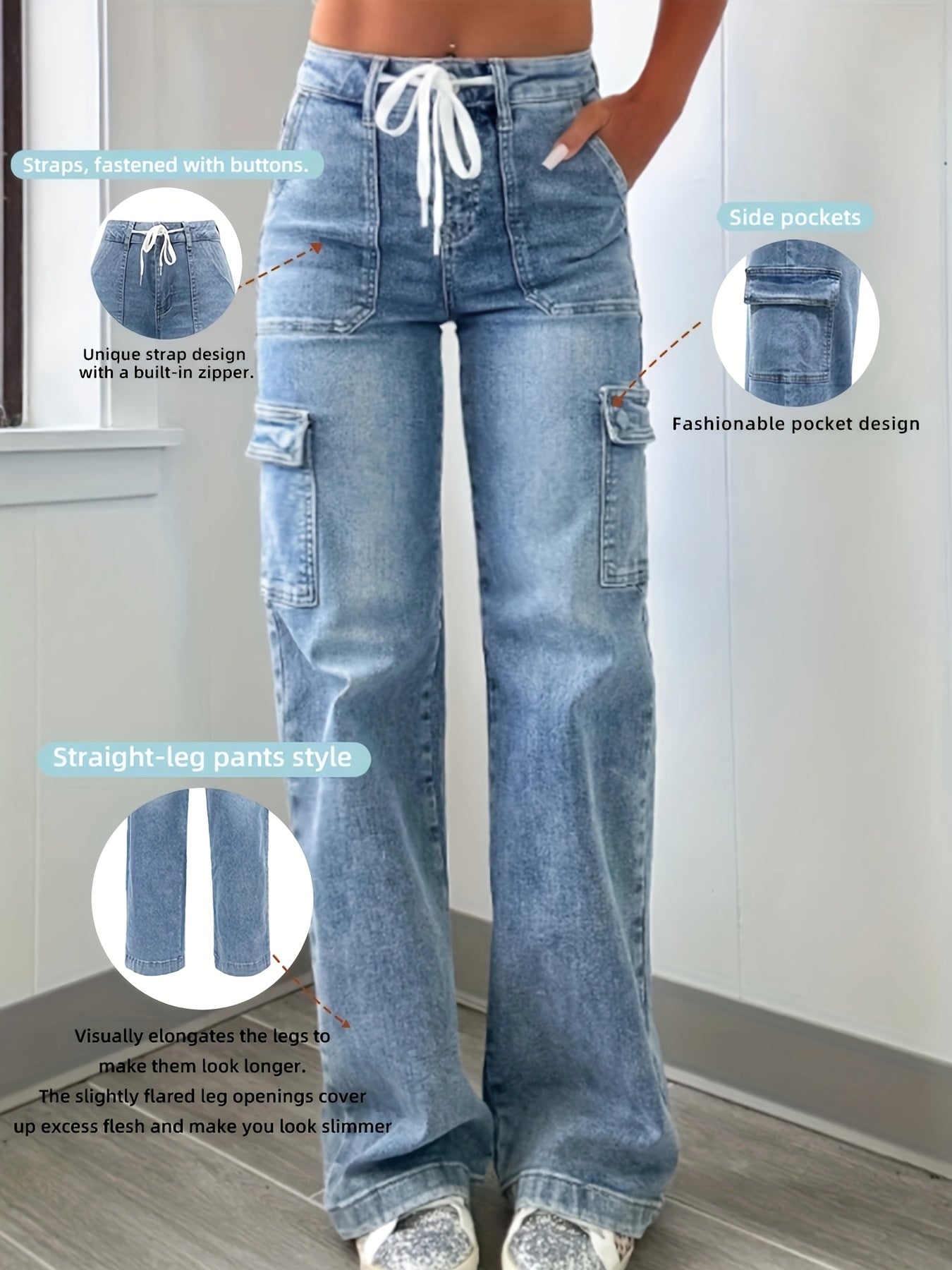 Lässige Cargo Jeans mit Kordelzug und vielen Taschen