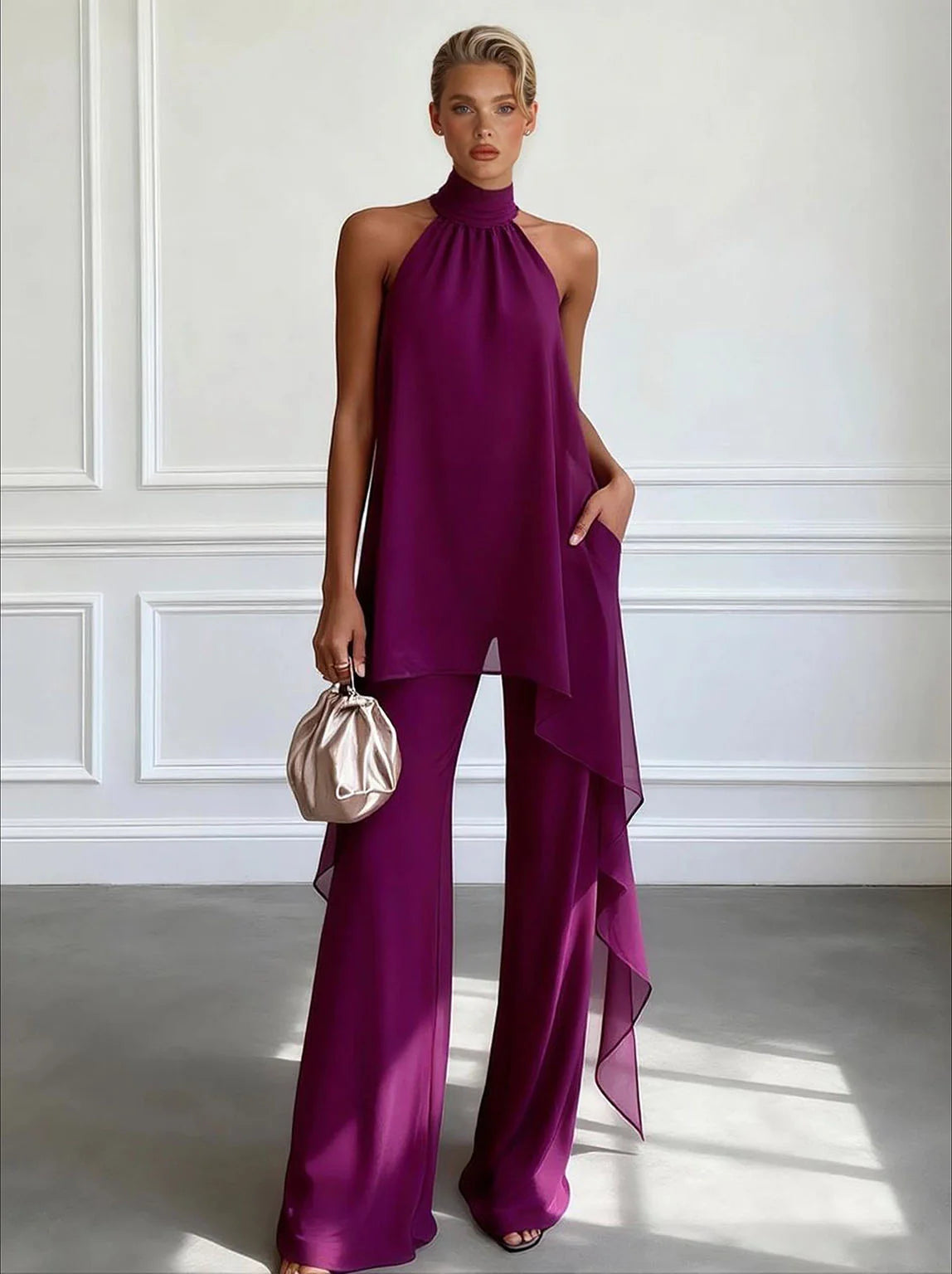 Halter Neck Chiffon Top and Wide-Leg Trousers Set