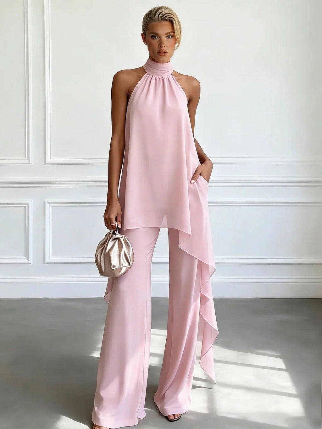 Halter Neck Chiffon Top and Wide-Leg Trousers Set