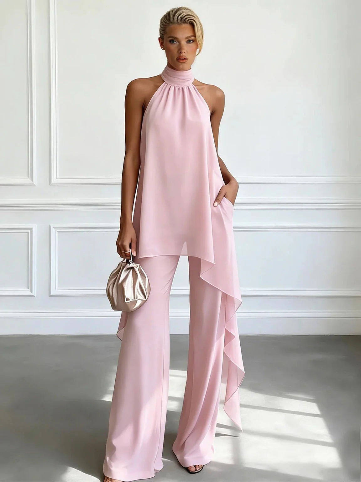 Halter Neck Chiffon Top and Wide-Leg Trousers Set