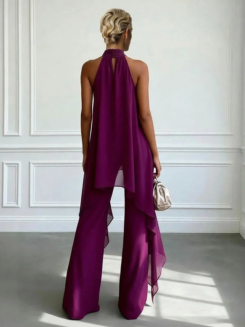 Halter Neck Chiffon Top and Wide-Leg Trousers Set