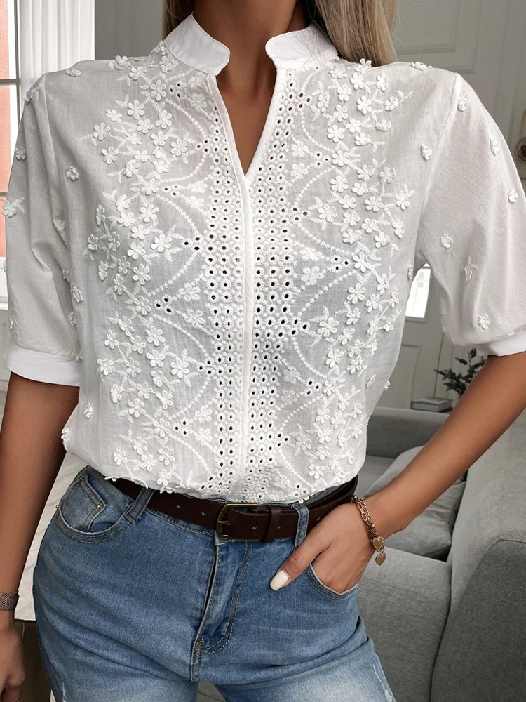 Top V-Ausschnitt Spitze Blumen feminin