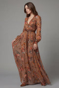 Floral V-Neck Long Sleeve Boho Maxi Dress