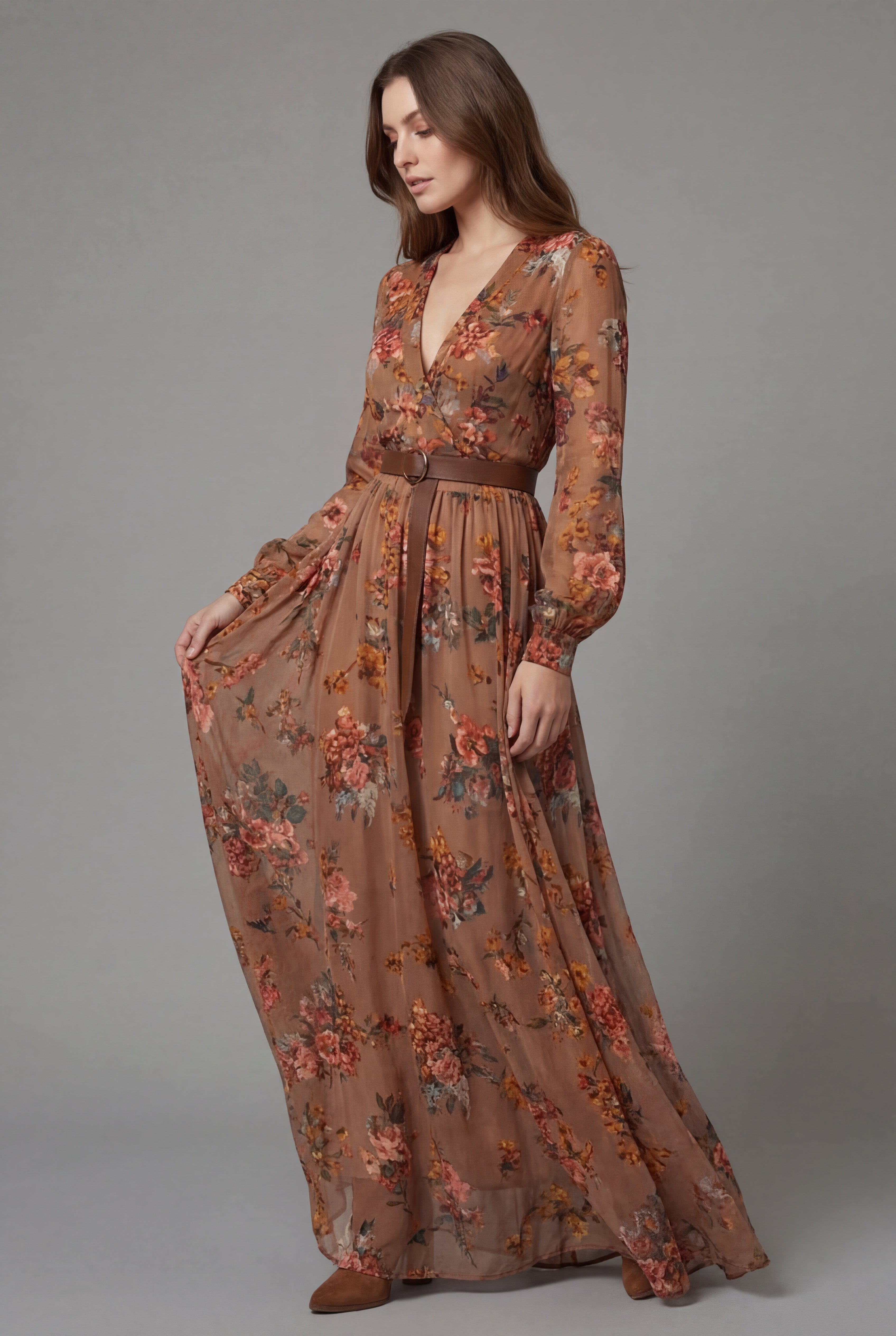 Floral V-Neck Long Sleeve Boho Maxi Dress