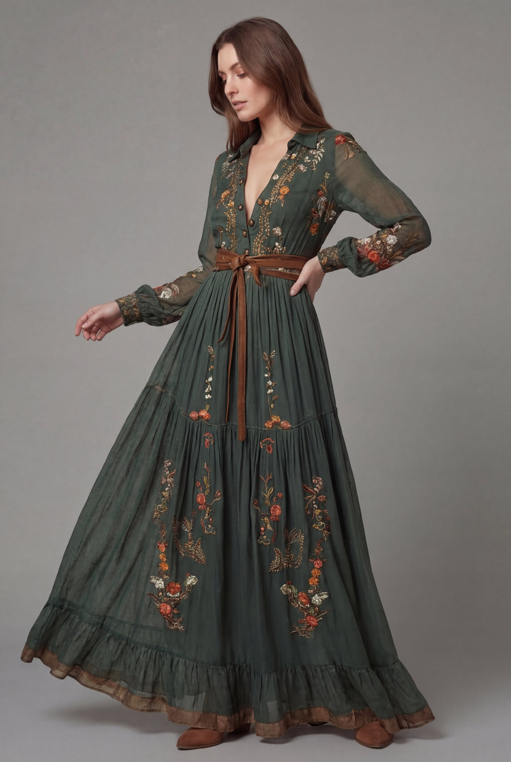 Floral V-Neck Long Sleeve Boho Maxi Dress