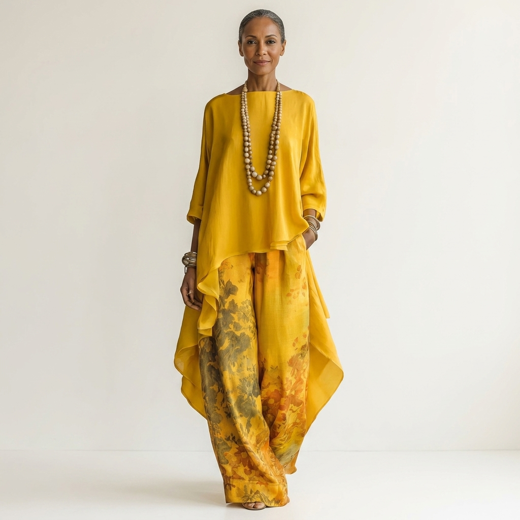 Cotton-Silk Two-Piece Set with Asymmetric Tunic