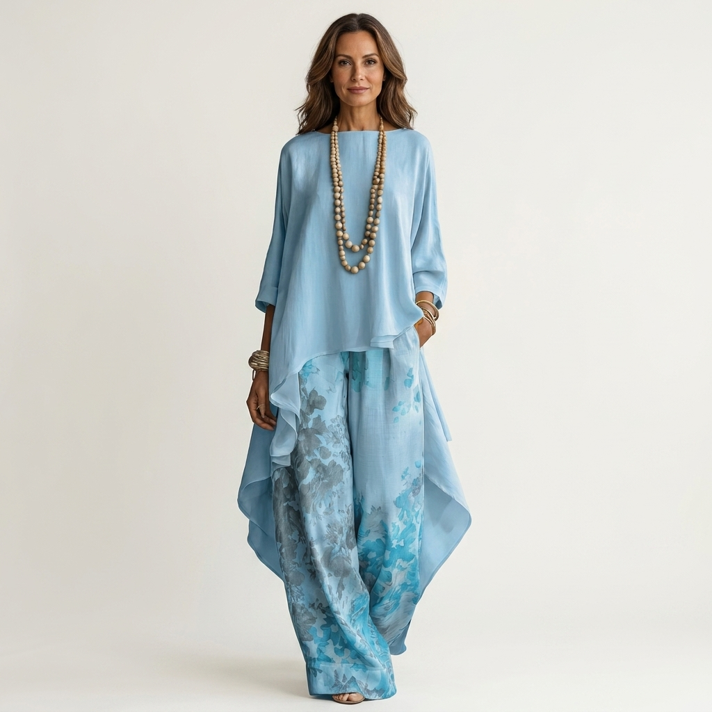 Cotton-Silk Two-Piece Set with Asymmetric Tunic