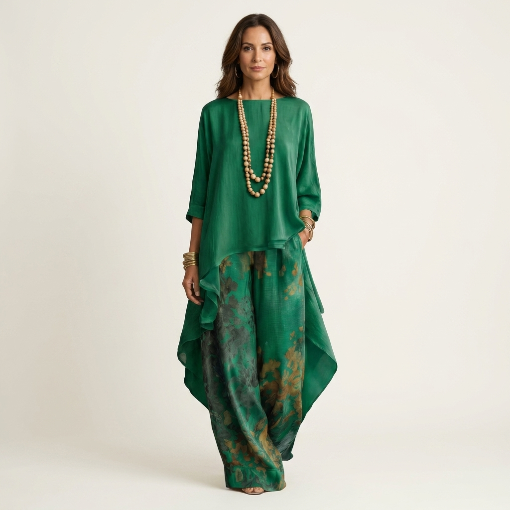 Cotton-Silk Two-Piece Set with Asymmetric Tunic