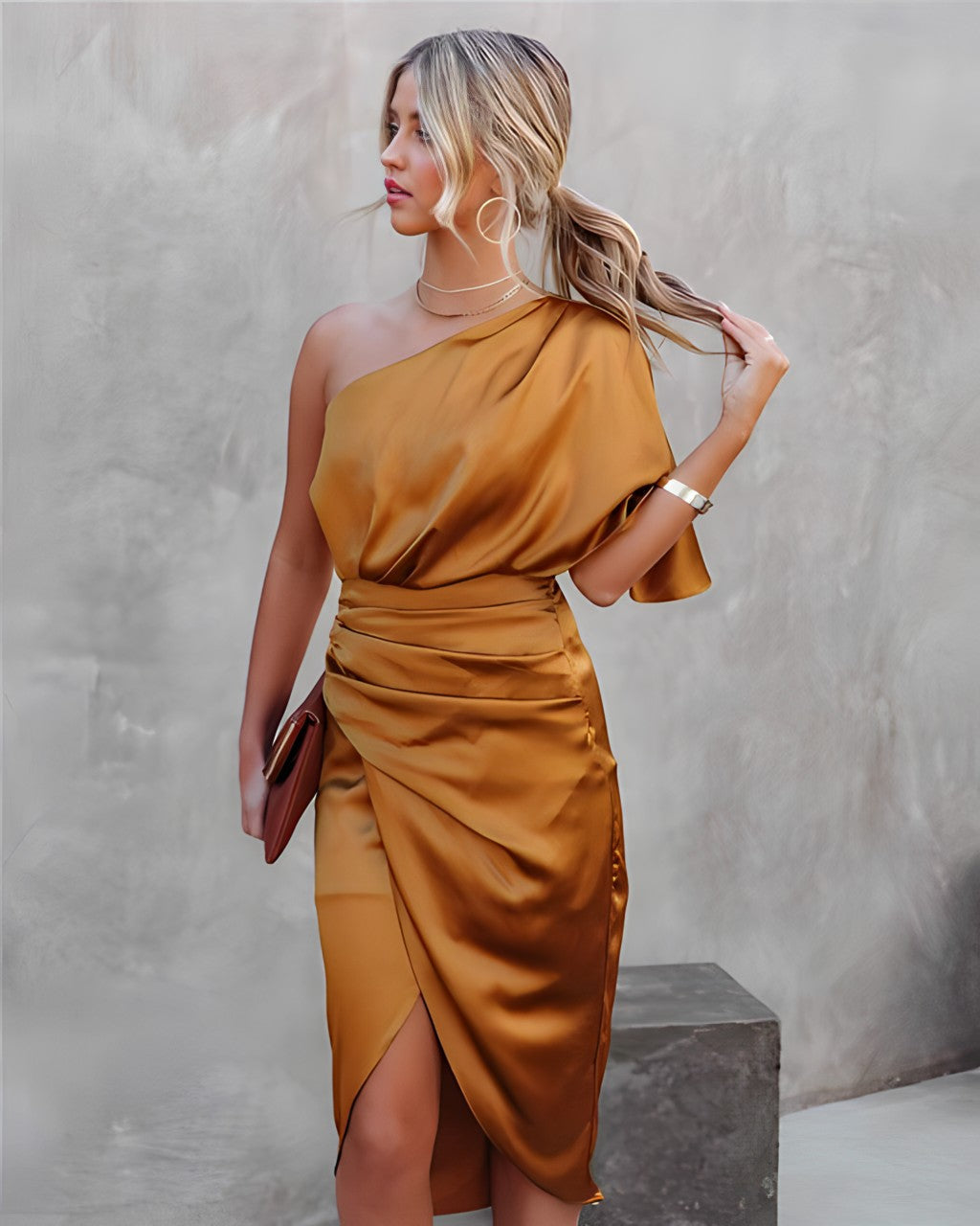 One-Shoulder Wrap Satin Wedding Guest Midi Dress
