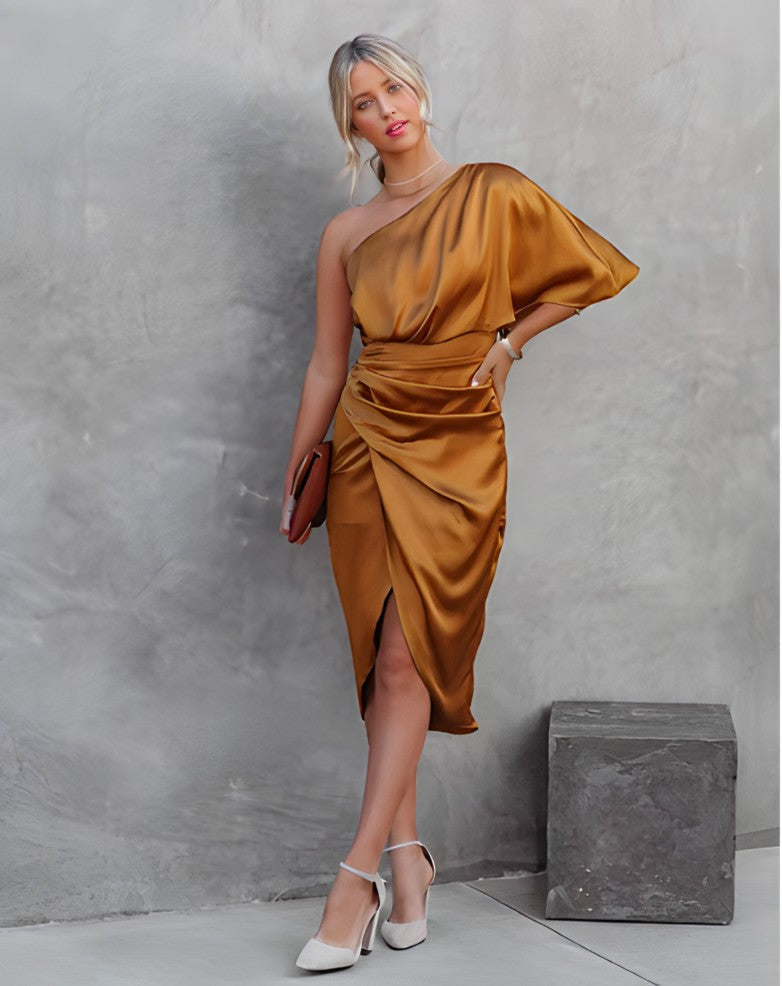 One-Shoulder Wrap Satin Wedding Guest Midi Dress