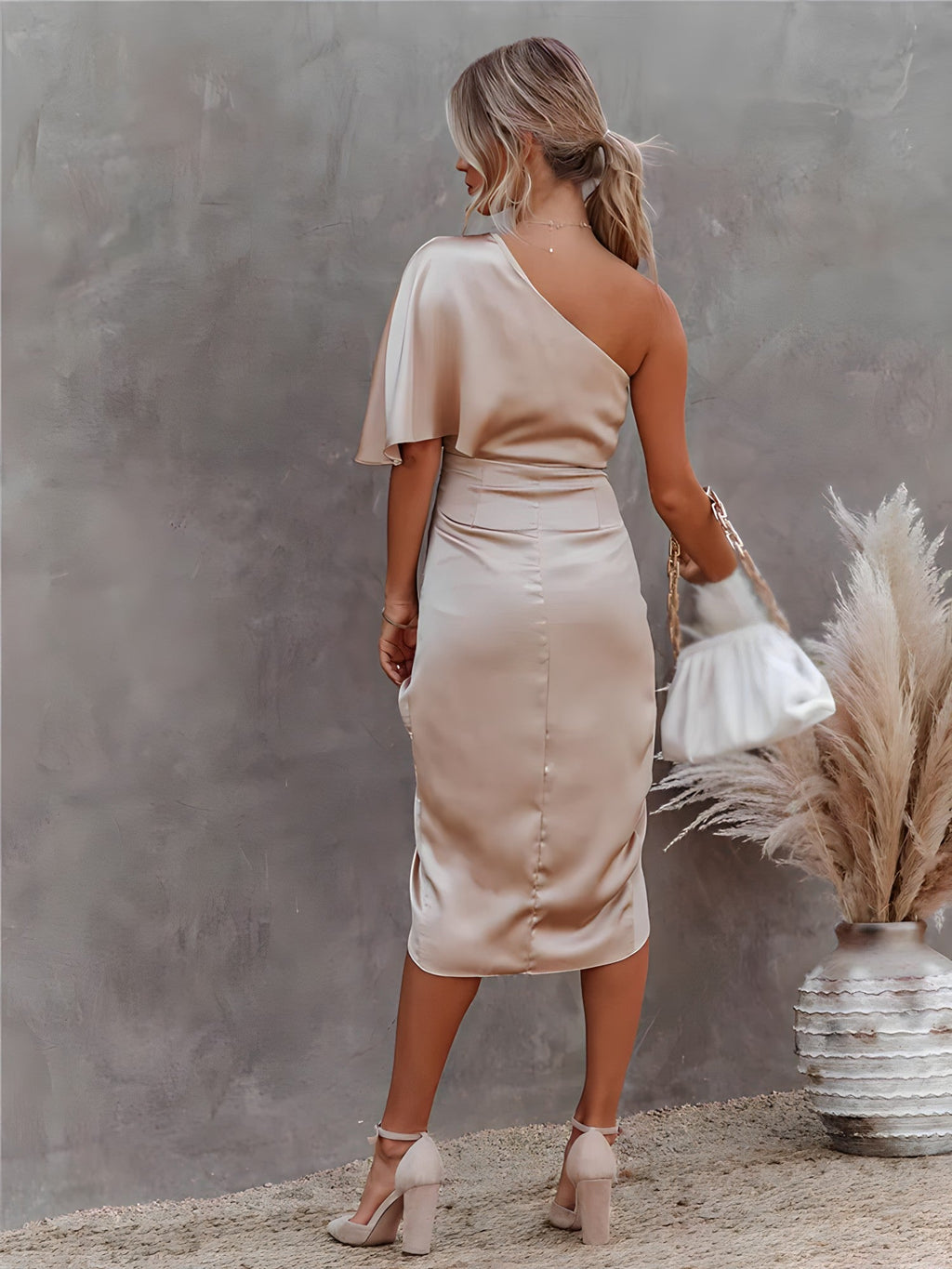 One-Shoulder Wrap Satin Wedding Guest Midi Dress