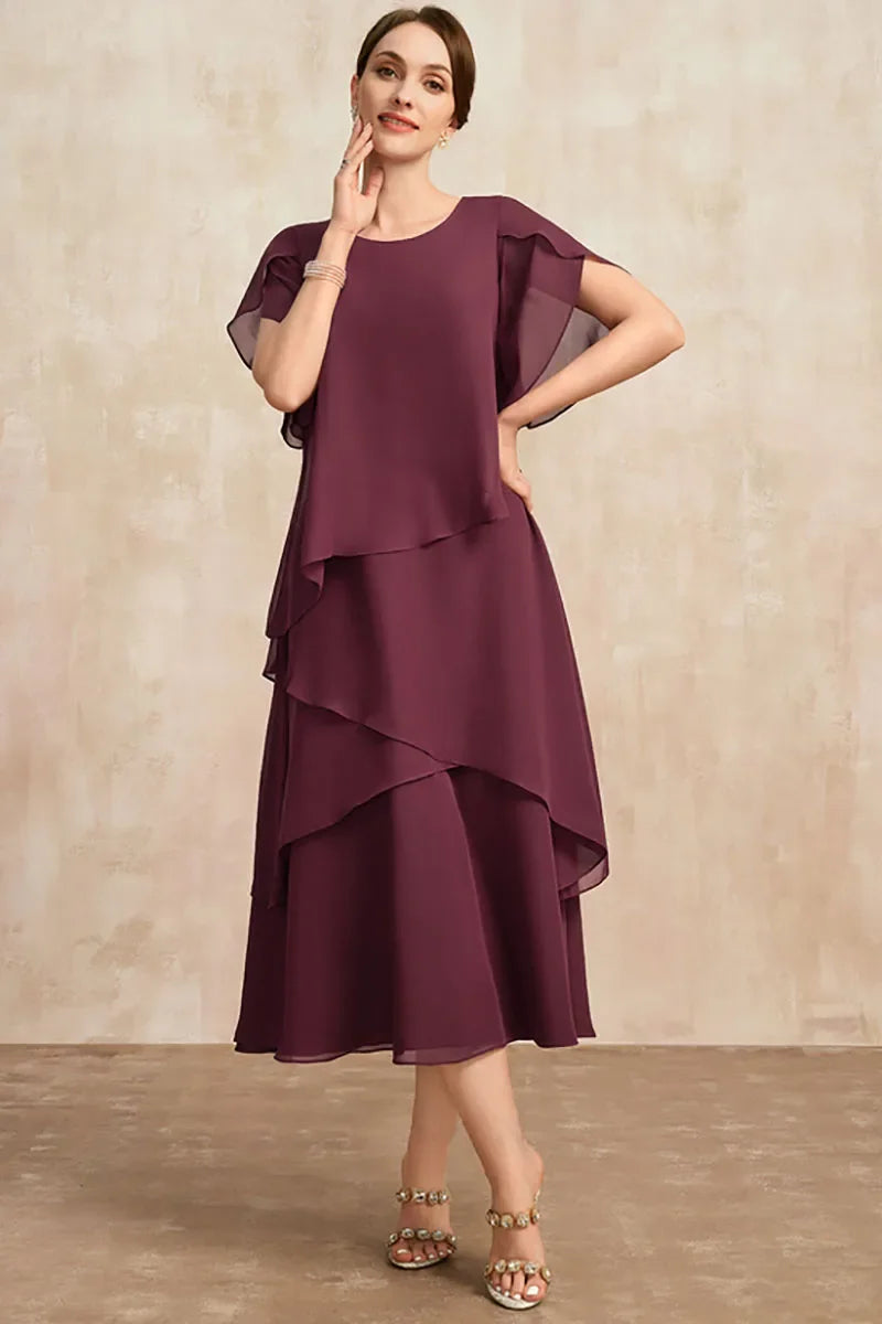Kleid Chiffon Midi Lagen Braun
