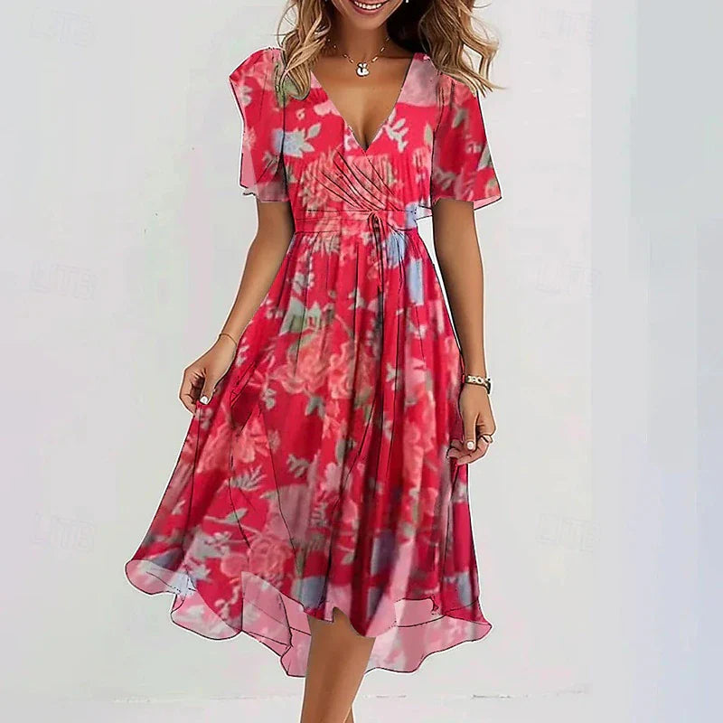 Woman's Cocktail Floral Vacation Holiday Midi Dress