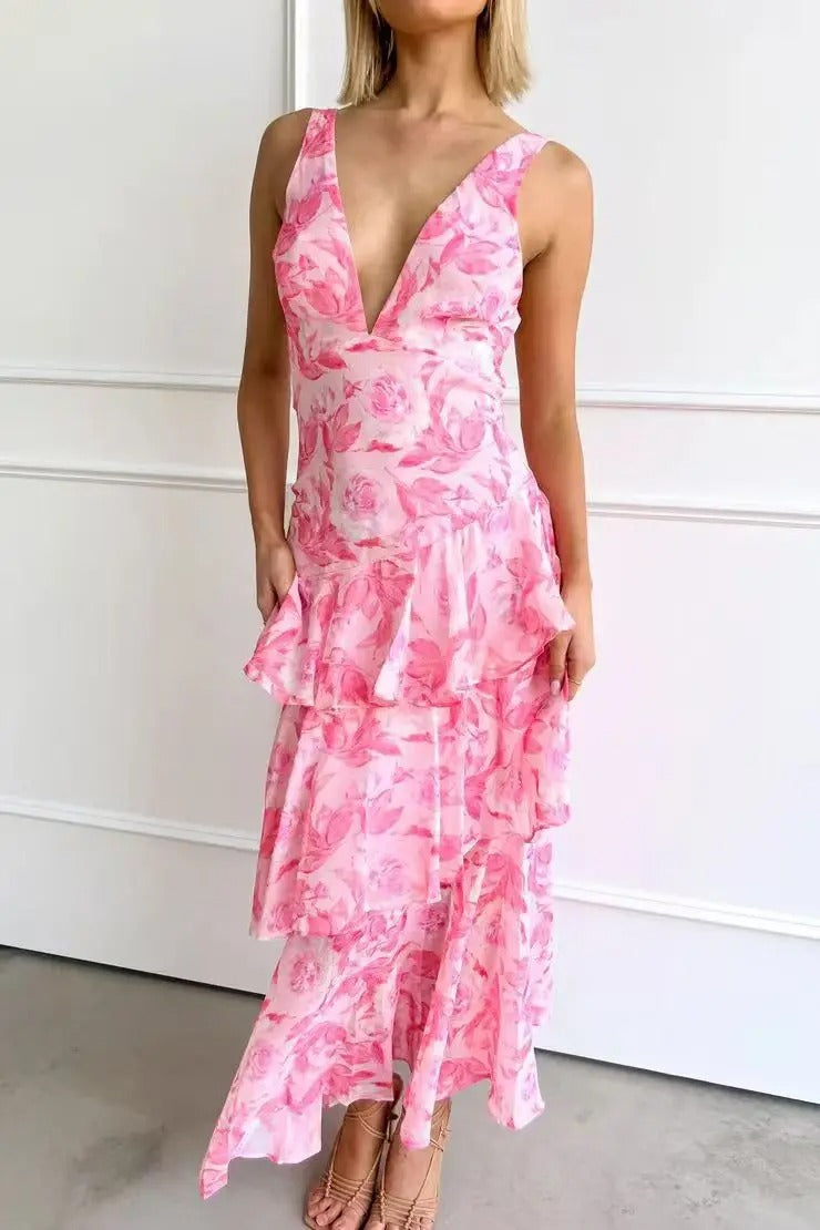 Sleeveless V-Neck Layered Wedding Guest Maxi Dress