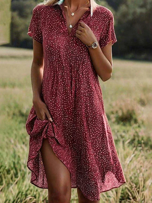 Polka Dot Collared V-Neck A-Line Dress