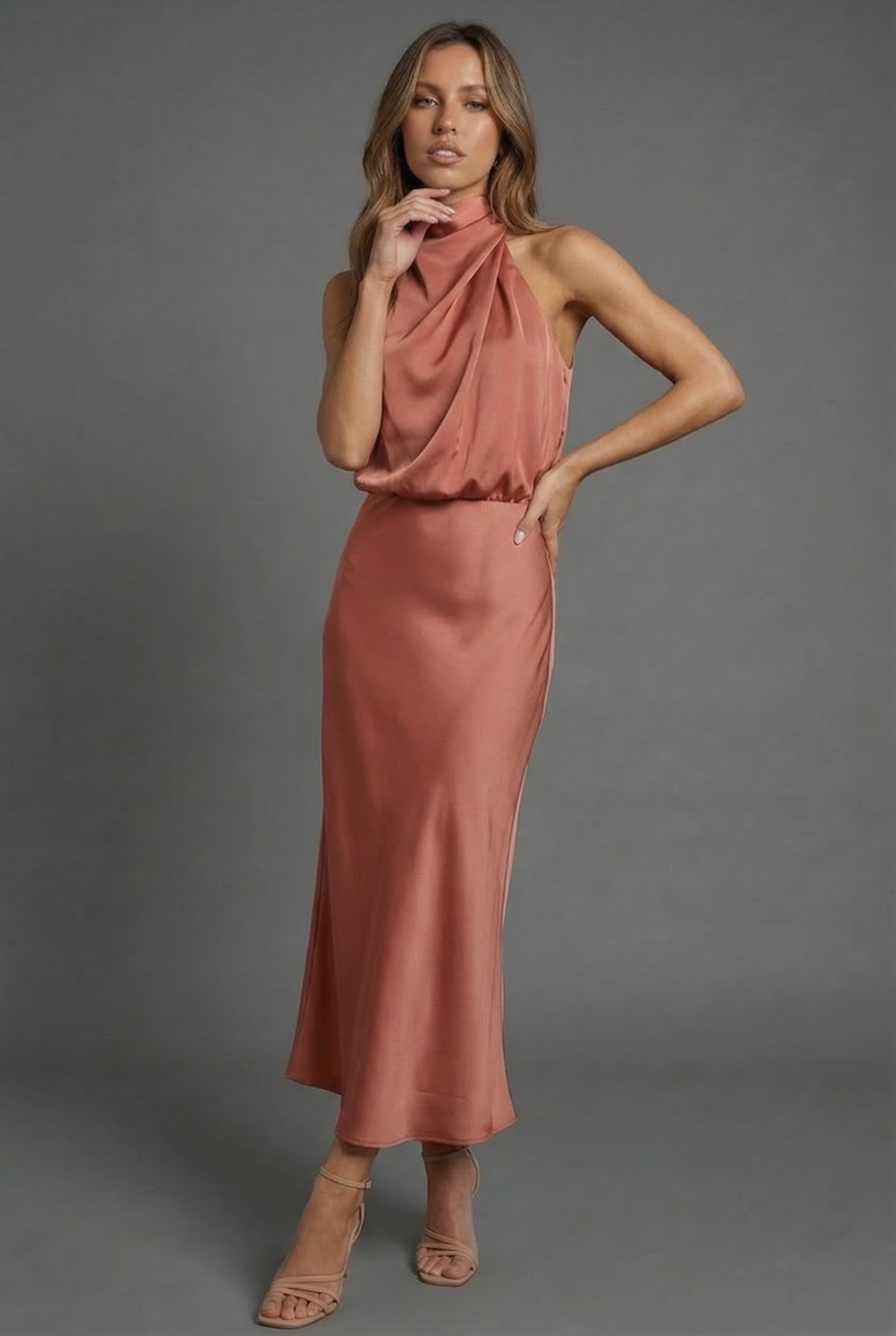 Halterneck Satin Style Wedding Guest Midi Dress