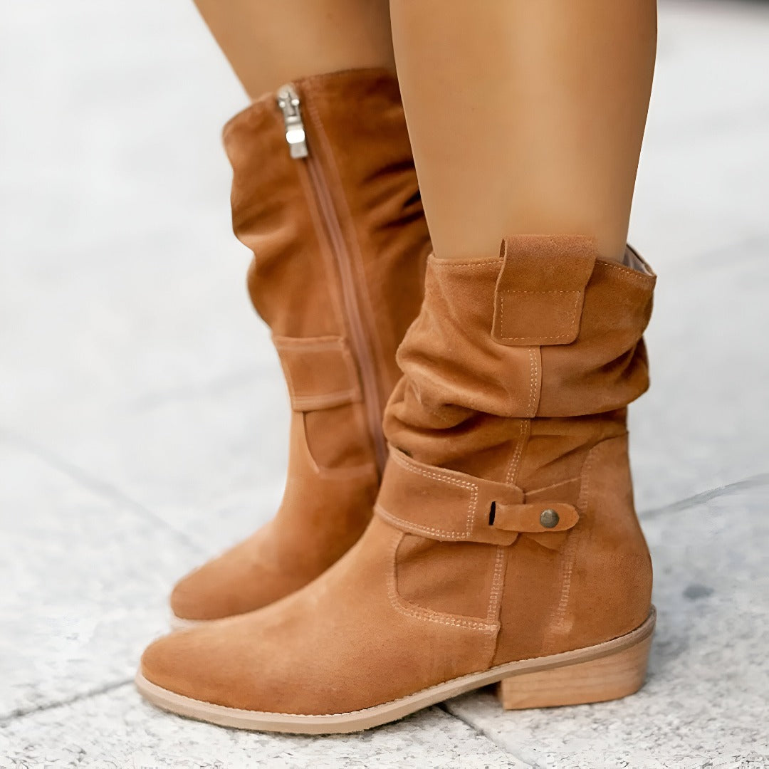Kunst-Wildleder Stiefel Damen mit Plüschfutter in Beige