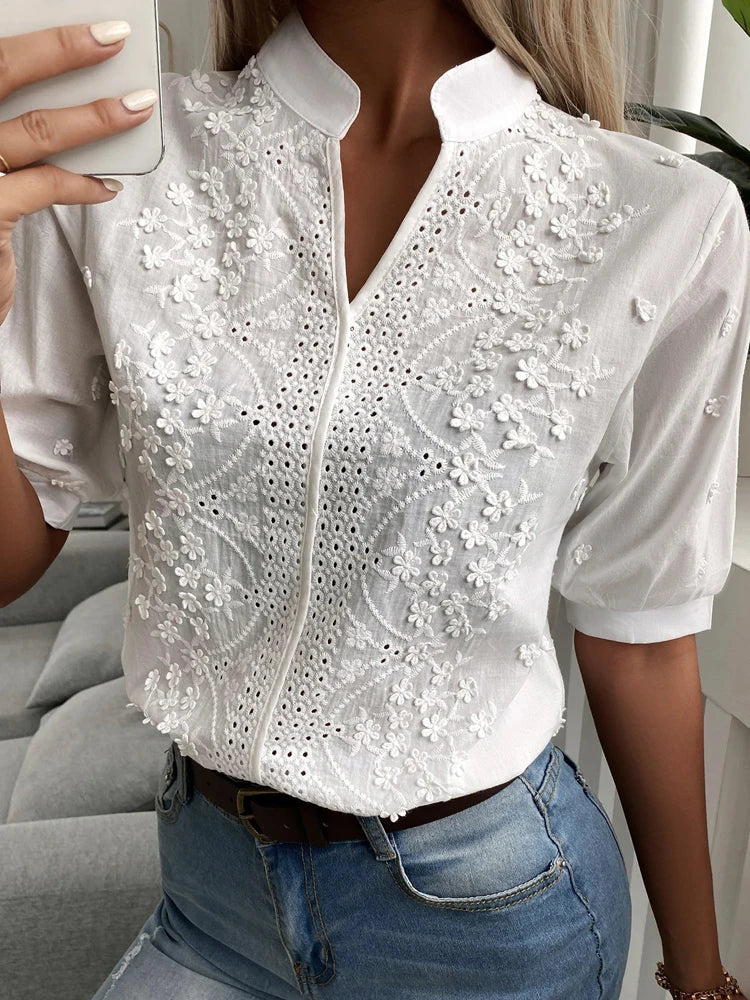 Top V-Ausschnitt Spitze Stickerei Bluse