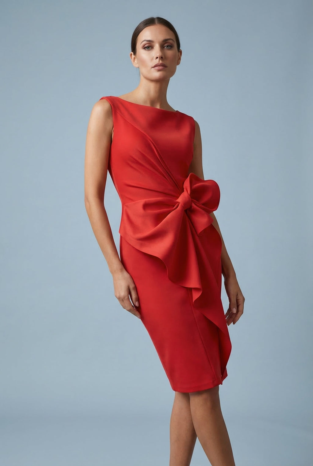Bow Waist Sleeveless Cocktail Midi Dress