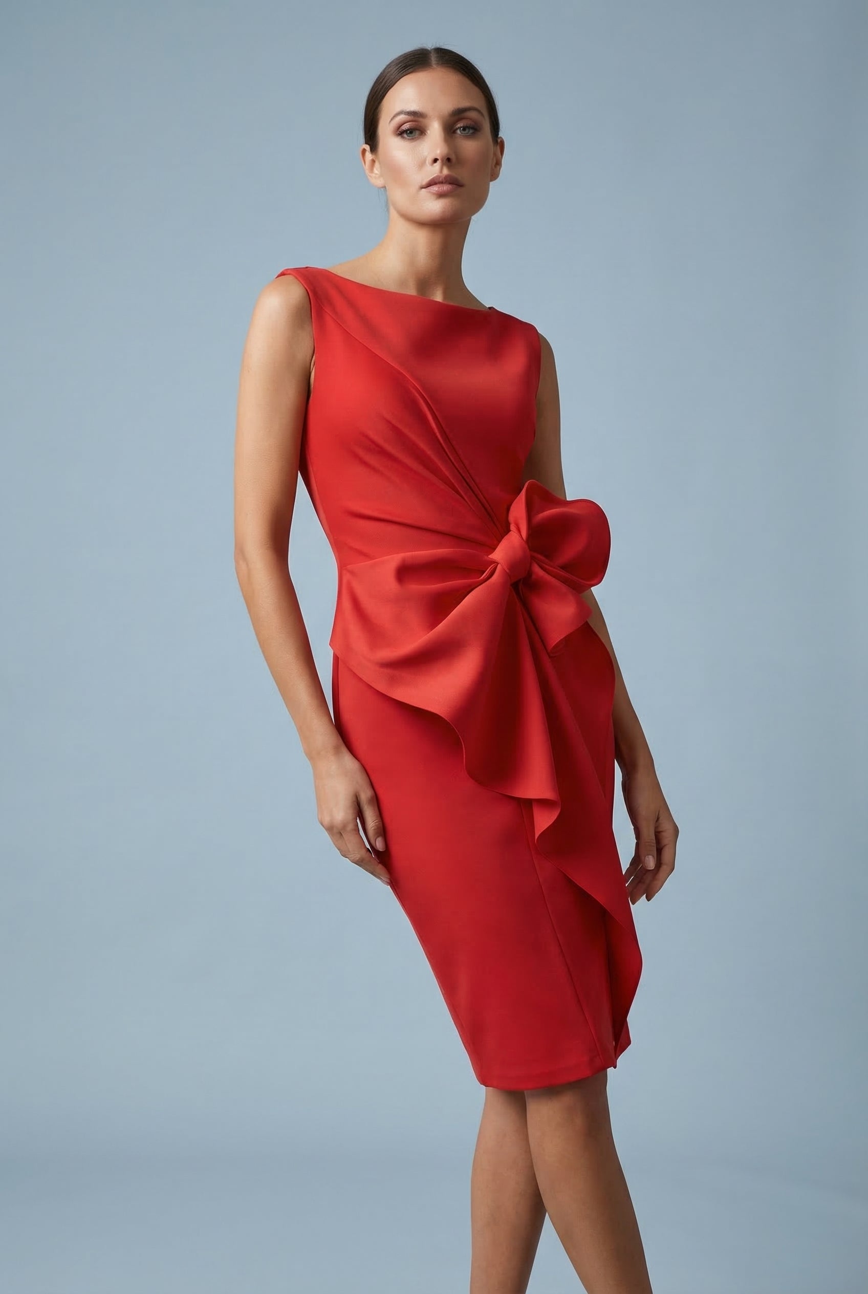 Bow Waist Sleeveless Cocktail Midi Dress