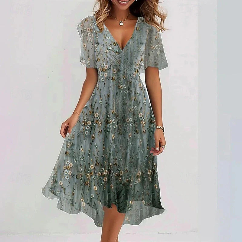 Woman's Cocktail Floral Vacation Holiday Midi Dress