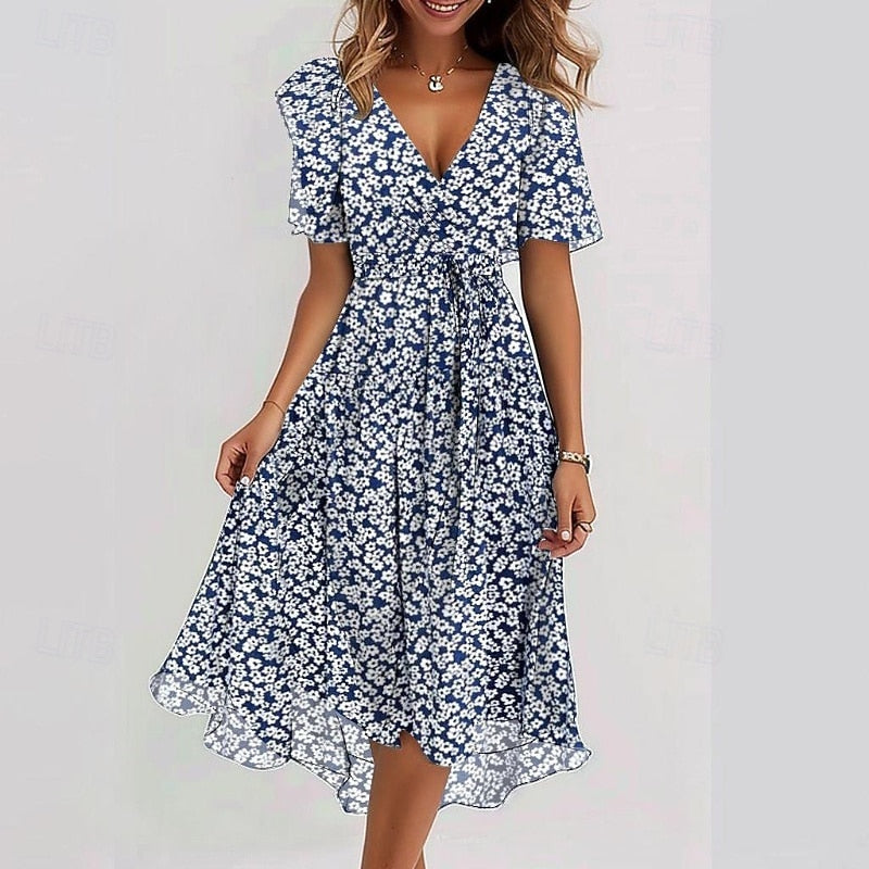 Woman's Cocktail Floral Vacation Holiday Midi Dress