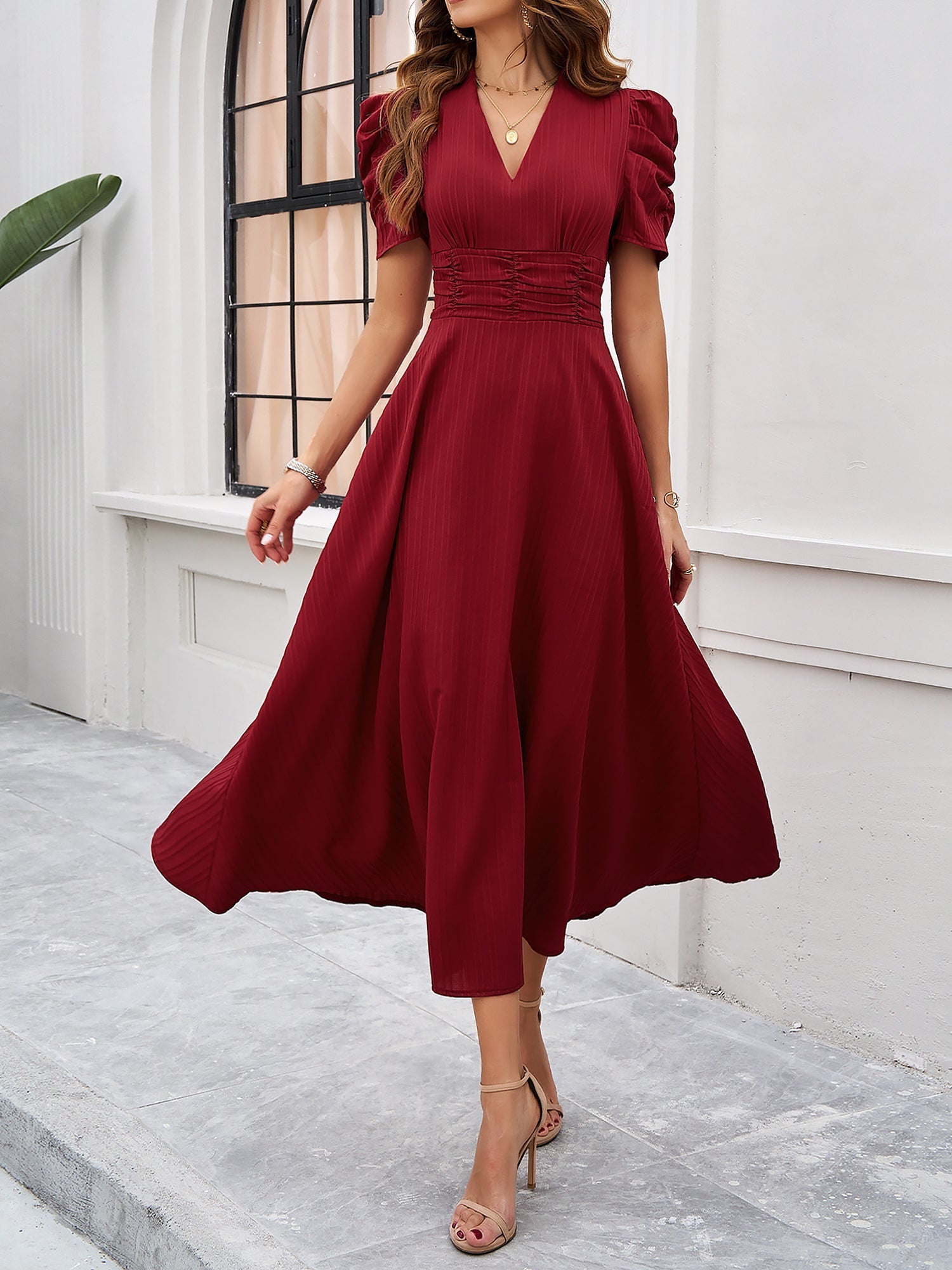 Textured Puff Sleeve Ruched Midi A-Line Dress