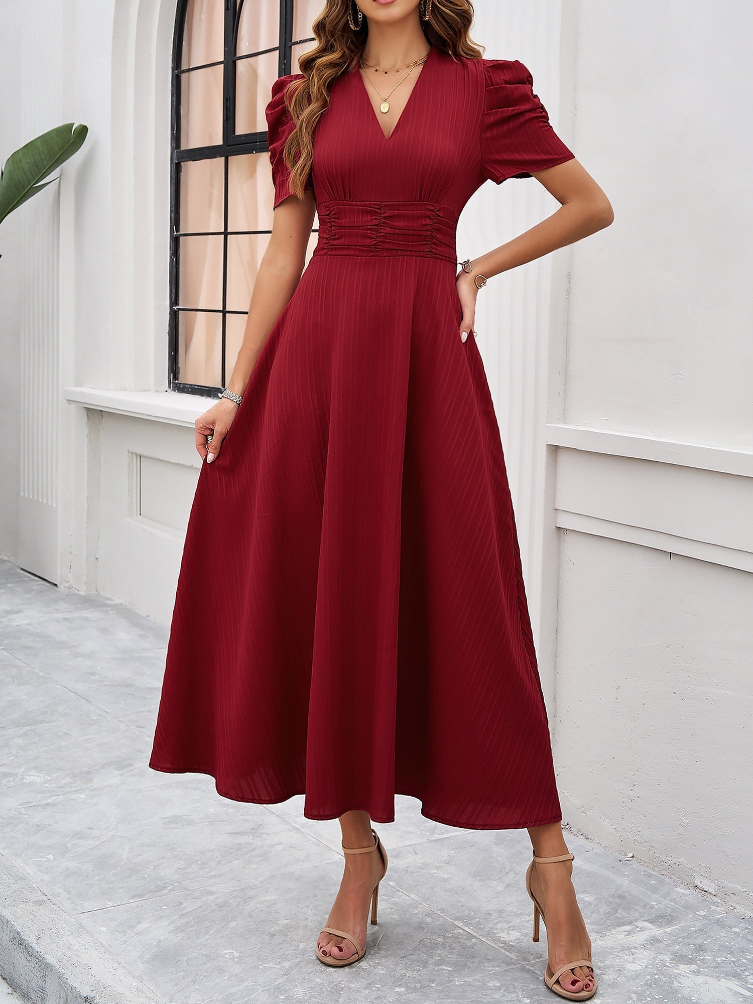 Textured Puff Sleeve Ruched Midi A-Line Dress