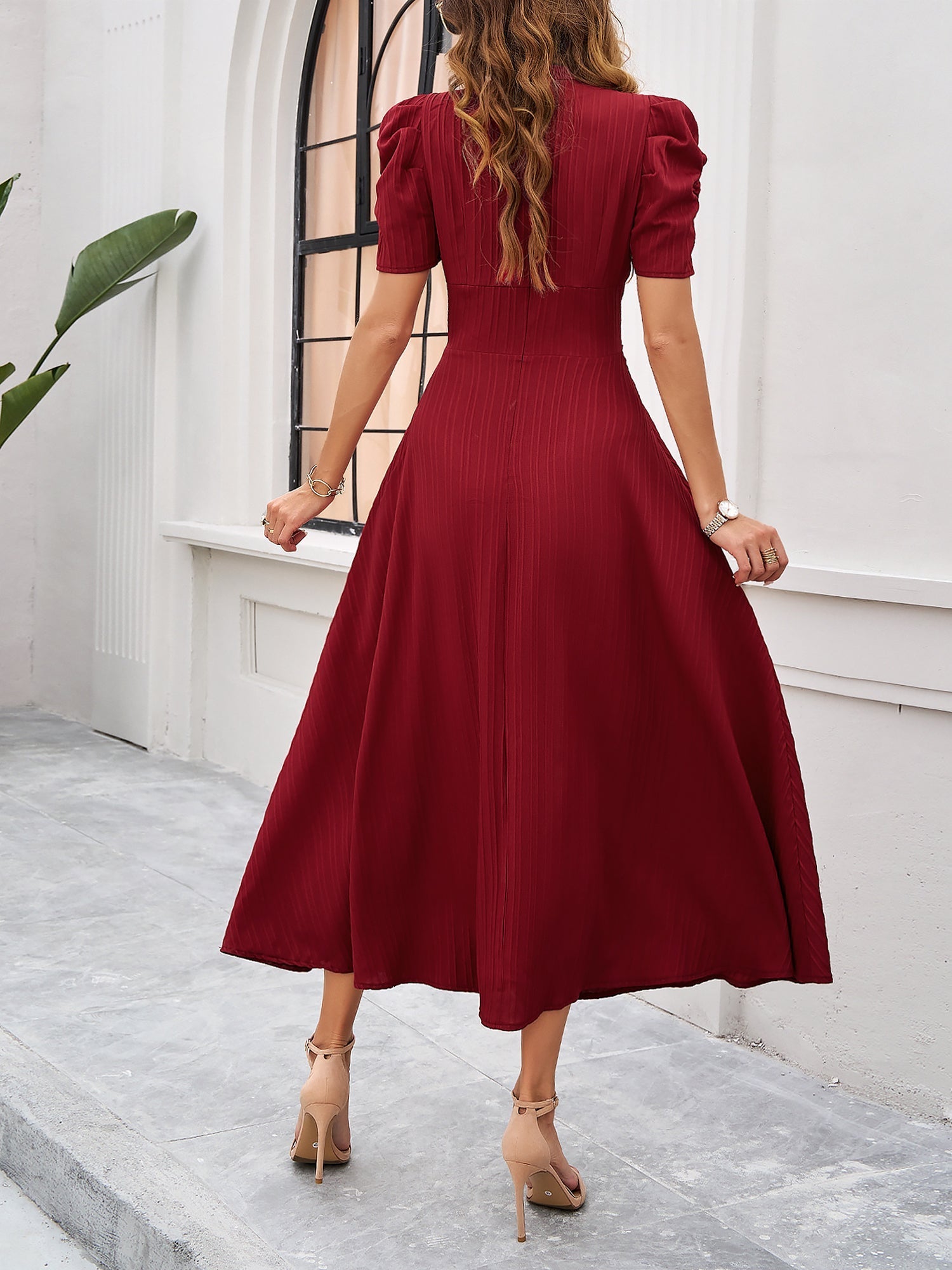 Textured Puff Sleeve Ruched Midi A-Line Dress