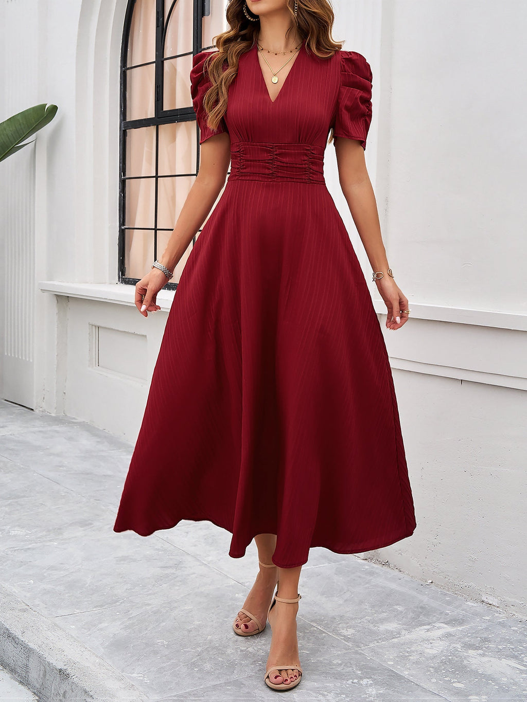 Textured Puff Sleeve Ruched Midi A-Line Dress