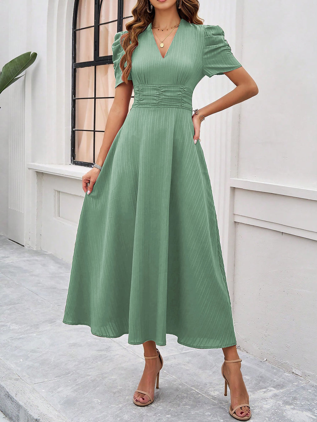 Textured Puff Sleeve Ruched Midi A-Line Dress