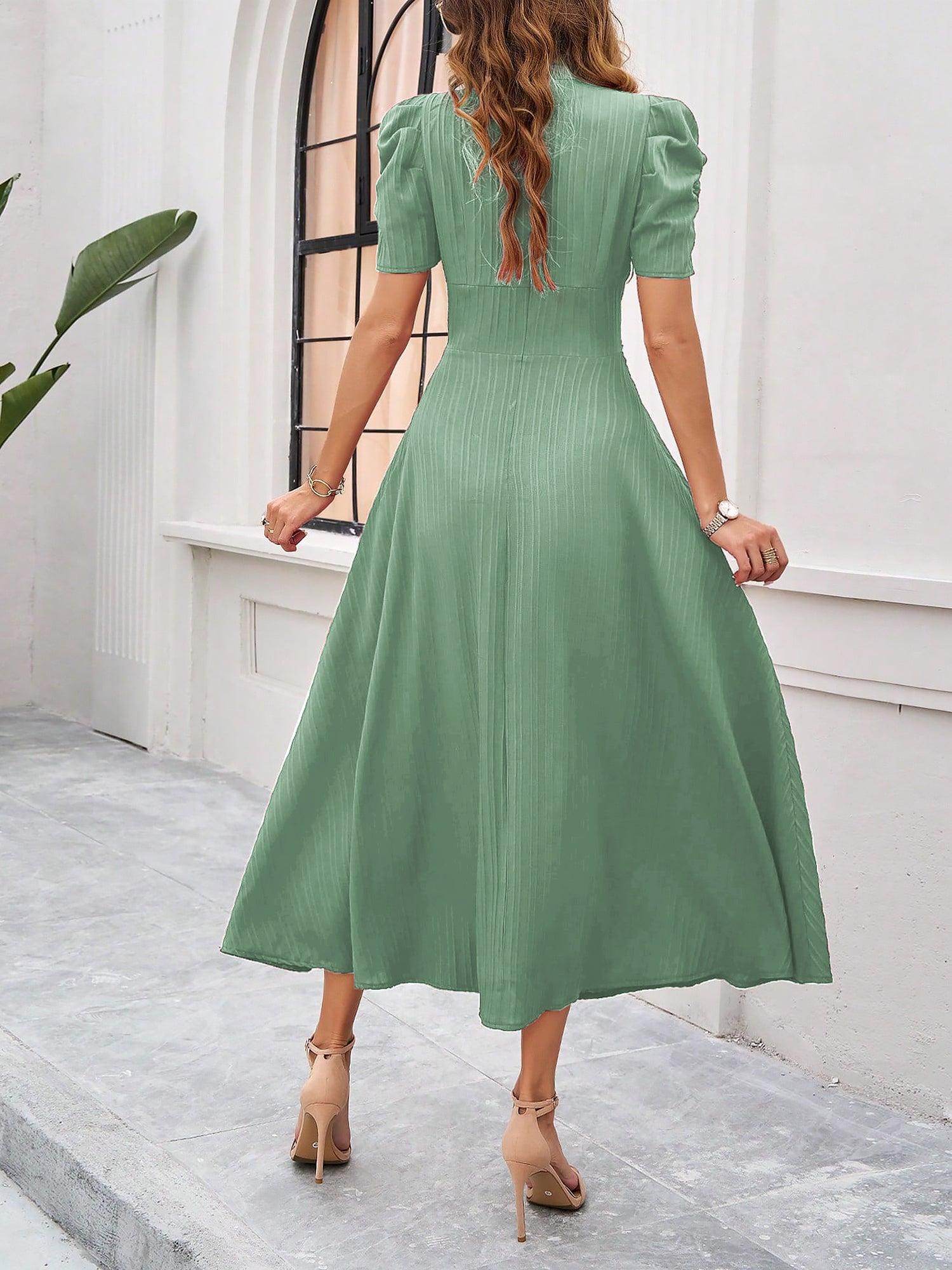 Textured Puff Sleeve Ruched Midi A-Line Dress