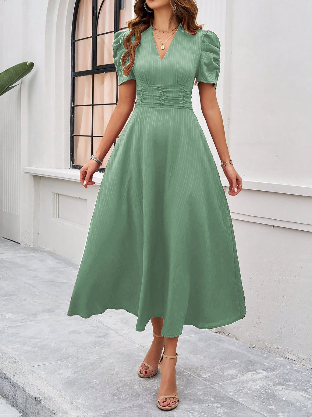 Textured Puff Sleeve Ruched Midi A-Line Dress