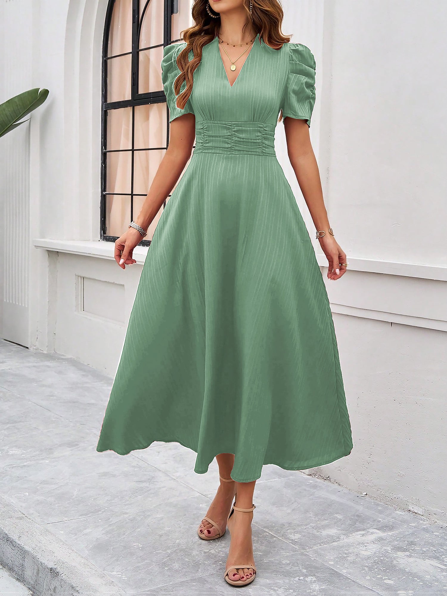 Textured Puff Sleeve Ruched Midi A-Line Dress