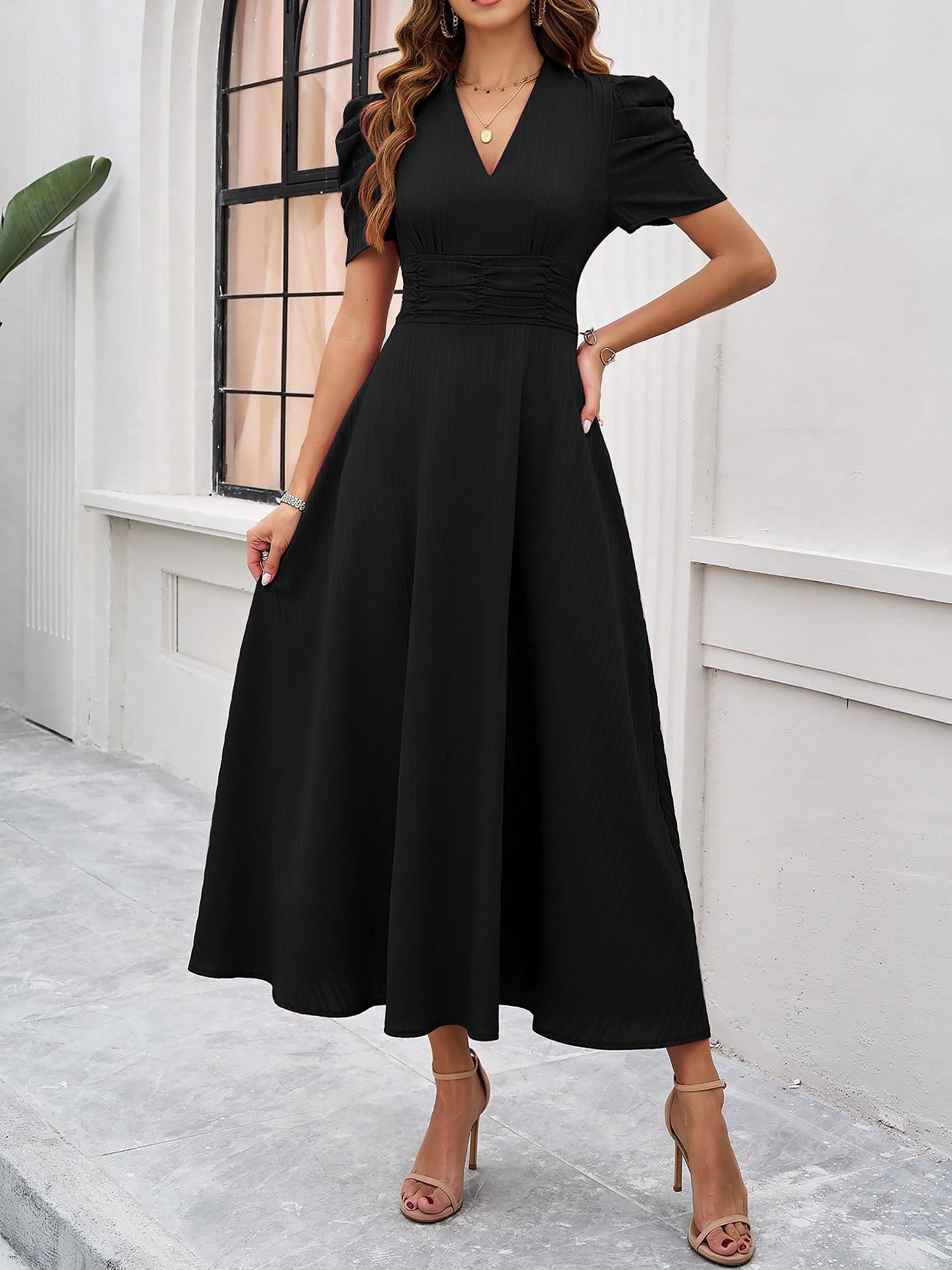 Textured Puff Sleeve Ruched Midi A-Line Dress