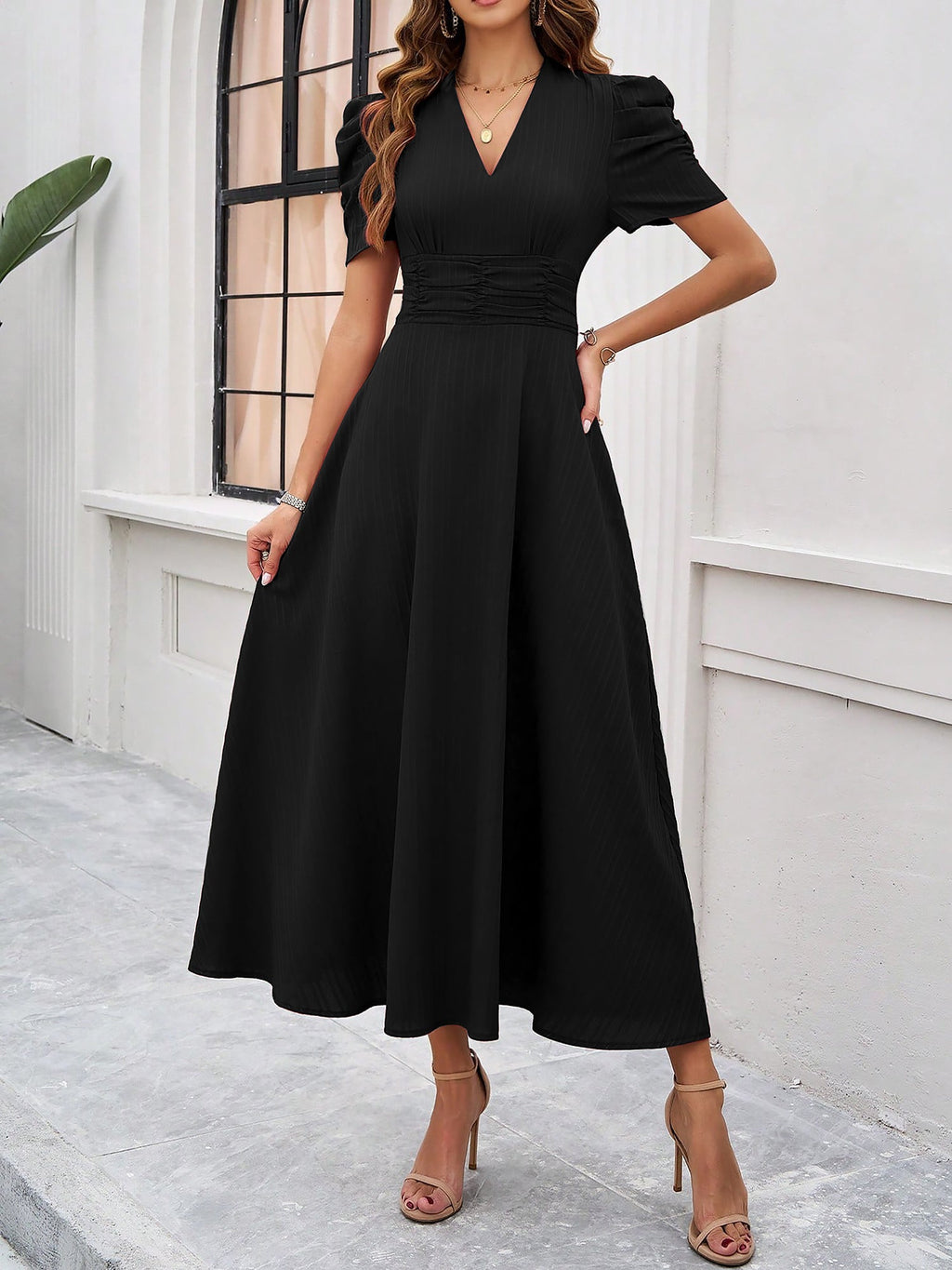 Textured Puff Sleeve Ruched Midi A-Line Dress