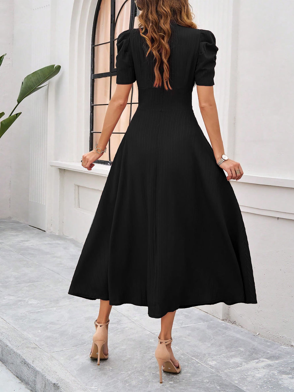 Textured Puff Sleeve Ruched Midi A-Line Dress