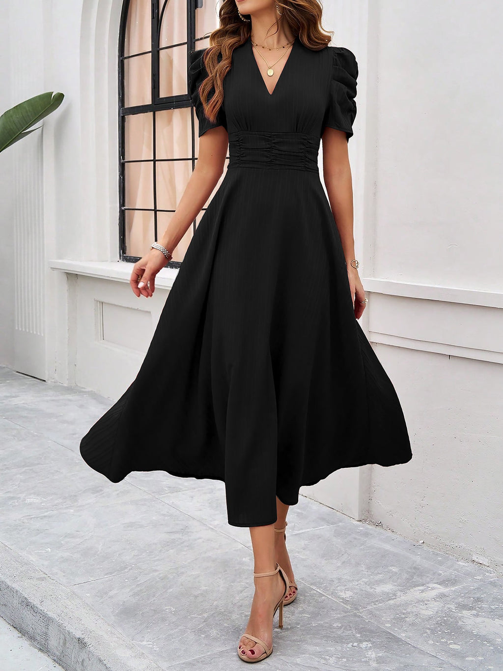 Textured Puff Sleeve Ruched Midi A-Line Dress