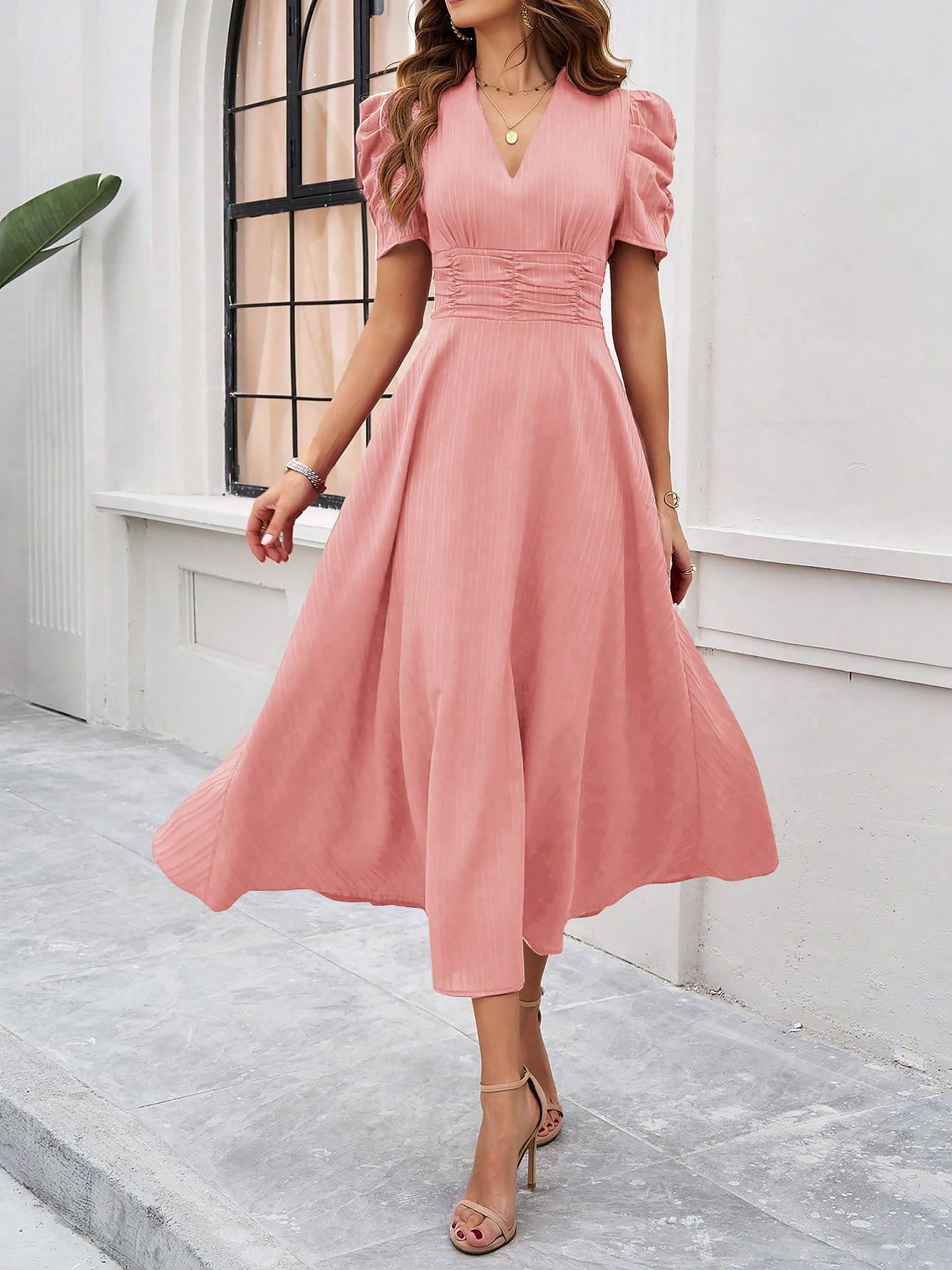 Textured Puff Sleeve Ruched Midi A-Line Dress